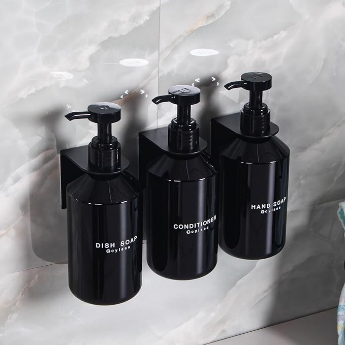 3-Chamber Shampoo & Conditioner Dispenser - Wall-Mounted Soap Dispenser Plastic Bottles with 4CC Pumps, No Drill Installation, Refillable for Bathroom, RV, Commercial Use Black