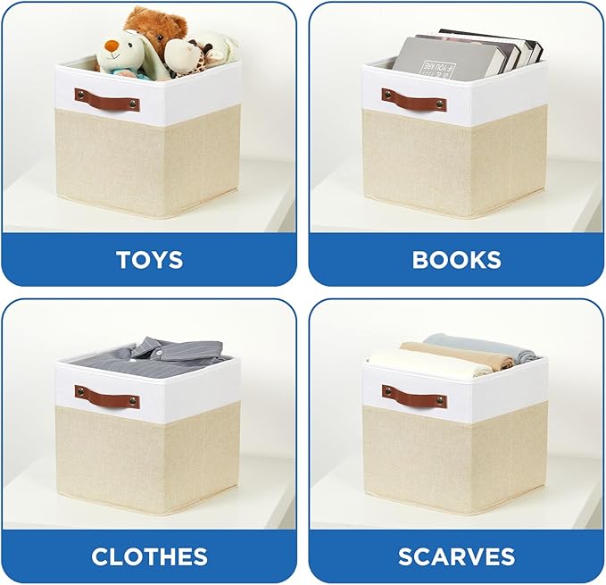 Foldable Fabric Storage Bins with Lids, White&Khaki, 10.5x10.5x10.5in