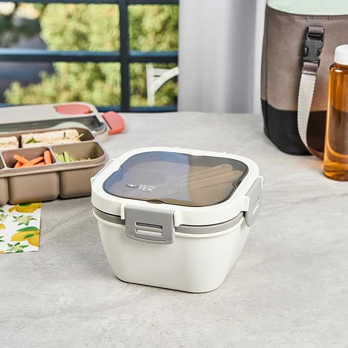 Restaurantware-Bento Tek 57.5 Ounce Bento Box, 1 Reusable Lunch Container - With Fork And Knife, Does Not Contain BPA, White And Gray Plastic Reusable Lunch Box, Microwavable, Dishwashable