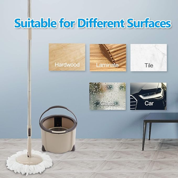 Eyliden Spin Mop and Bucket Set, 2 Microfiber Mop Heads, Adjustable Stainless Steel Handle, Self-Cleaning Mop Bucket System for Hardwood, Tile, Vinyl Floors, Brown