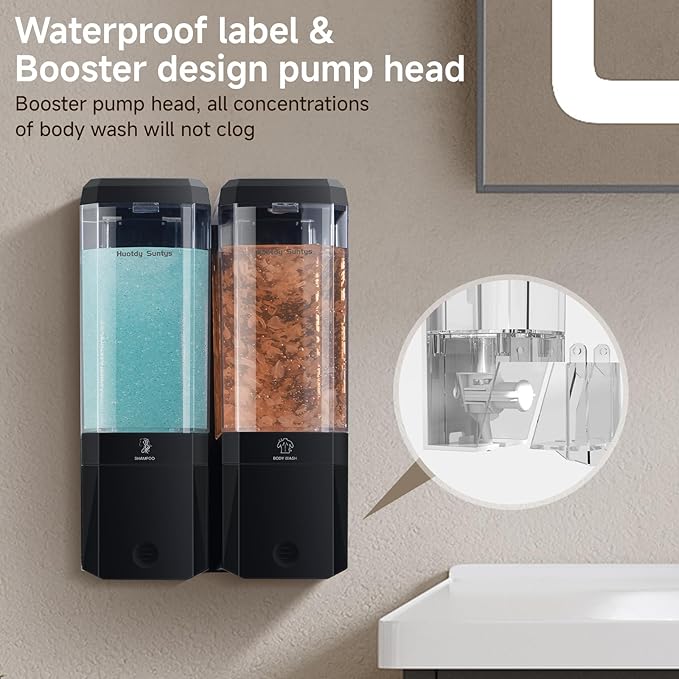 Shower Soap Dispenser Wall Mounted Shower Dispenser 2 Chamber No Drill Shampoo and Conditioner Dispenser Refillable Shampoo Dispener for Shower 2 * 500ml for Bathroom Hotel (Black 2 Chamber)