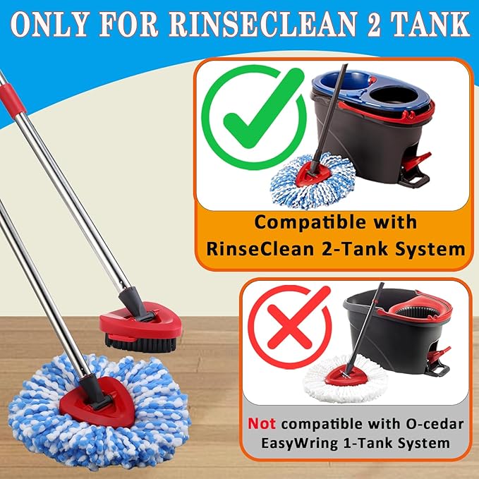 Mop Heads Replacement Handle for Ocedar RinseClean 2-Tank System, 2 Microfiber Mop Refills, 1 Mop Handle (30-58in Adjustable 4-Section Pole), 2 Scrub Brush, 1 Spin Base for O Cedar Mop