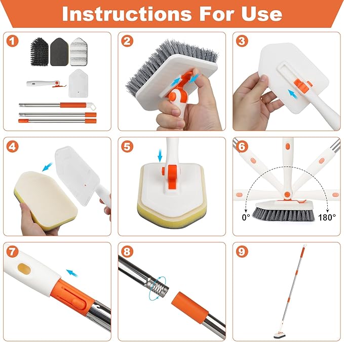 Long Handled Scrub Brush for Shower，3-in-1 Cleaning Brushes with 3 Different Function Cleaning Heads Brush for Shower Cleaning Bathroom Kitchen Walls Tub Tile