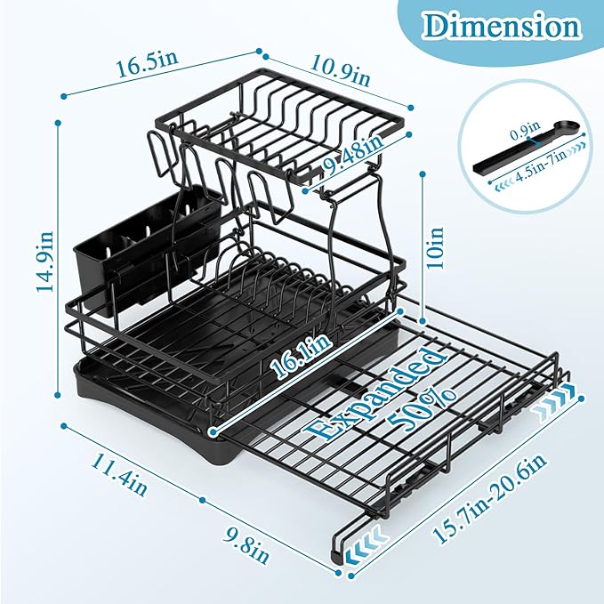2 Tier Dish Drying Rack, Large Extendable Dish Racks for Kitchen Counter or Over Sink, Dishrack with Drainboard, 2-in-1 Anti-Rust Stainless Steel Dish Drainer with Utensil Holder & Cup Holder (Black)
