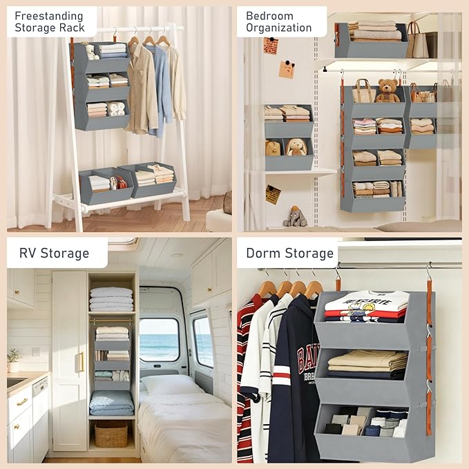 Hanging Closet Organizer Extra Large, Clothes Hanging Shelves for Closet with Divider, Collapsible Closet Storage System, Fabric Storage Bins for Home