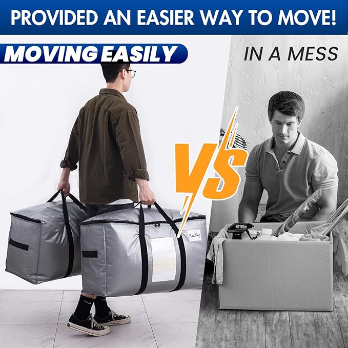TAILI Extra Large Moving Bags, 2 Pack Silver Heavy Duty Totes for Storage with Visible Window, Wrap Around Handles, Storage Bags for Space Saving