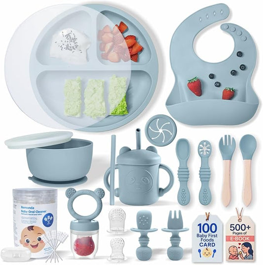 Remonda 23-Piece BPA-Free Silicone Baby Feeding Set | Extra Large Suction Plates, Toddler Bowls, Self Feeding Spoons, and More