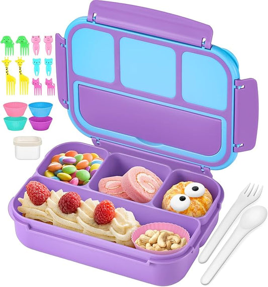 QQKO Bento Lunch Box for Kids Girls Boys, Toddler Kids Lunch Boxes for School, Lunch Containers for Adults with 4 Compartments, Sauce Container