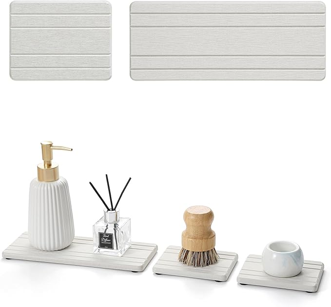 3 Pack Diatomite Stone Sink Tray, Water Absorbing Mat for Kitchen & Bathroom Counter, Quick Dry Soap Dish Makeup Vanity Caddy,Sponge Holder Organizer, Beige - 2pcs of 4.5"x 3.5" and 1pc of 9"x 3.5"