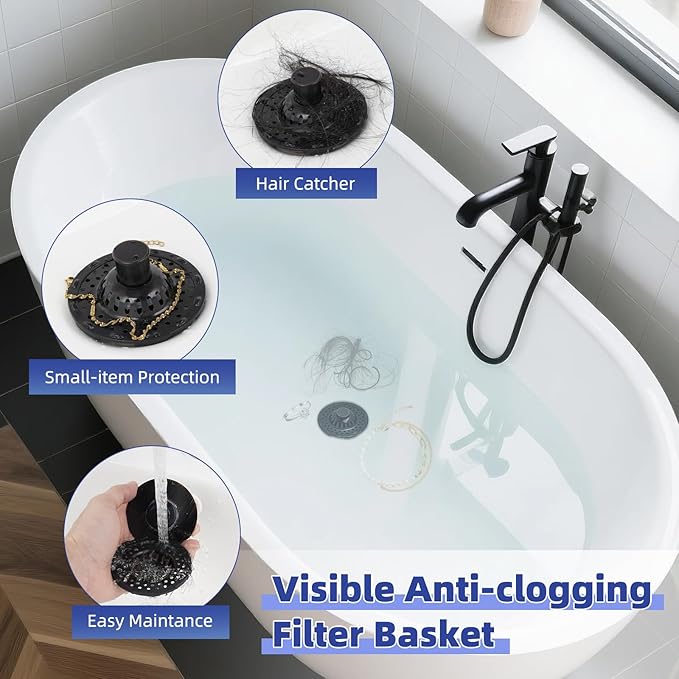 Metal 2 Pack Bathtub Drain Stopper with Top Hair Catcher, 3 in 1 Pop-up Bathtub Strainer