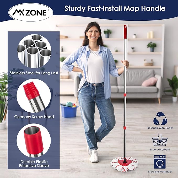 Spin Mop Head Replacement Base Handle Compatible with O Cedar EasyWring 1-Tank System, 3 Pack 40% More Cleaning Power Replace Heads, 1 Mop Handle, 1 Base and 1 Scrub Brush Combo Set