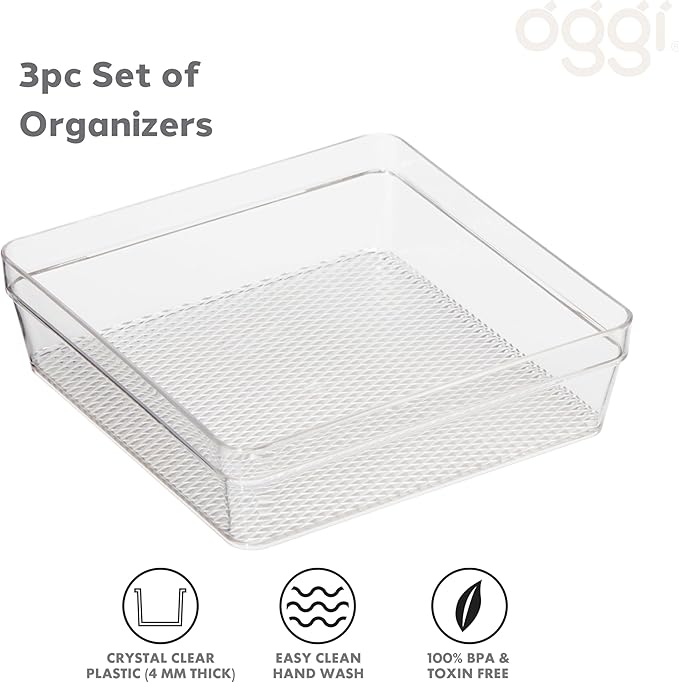 Oggi Set of 3 Clear Drawer Organizers - (1) 6x6.25, (1) 6.25x9.25, (1) 6.25x15.75 - Ideal for Organizing Kitchen Drawers, Office, Desk, Silverware, Kitchen Utensils, Cosmetics and Bathrooms