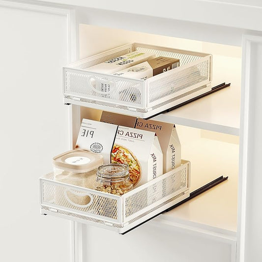 2 Pack Pull Out Cabinet Organizer, No Drill Adhesive Sliding Drawers for Kitchen, Metal Mesh Wire Storage Shelf for Pantry & Under Sink, White (9.6" W x 11.8" D x 3.9" H)
