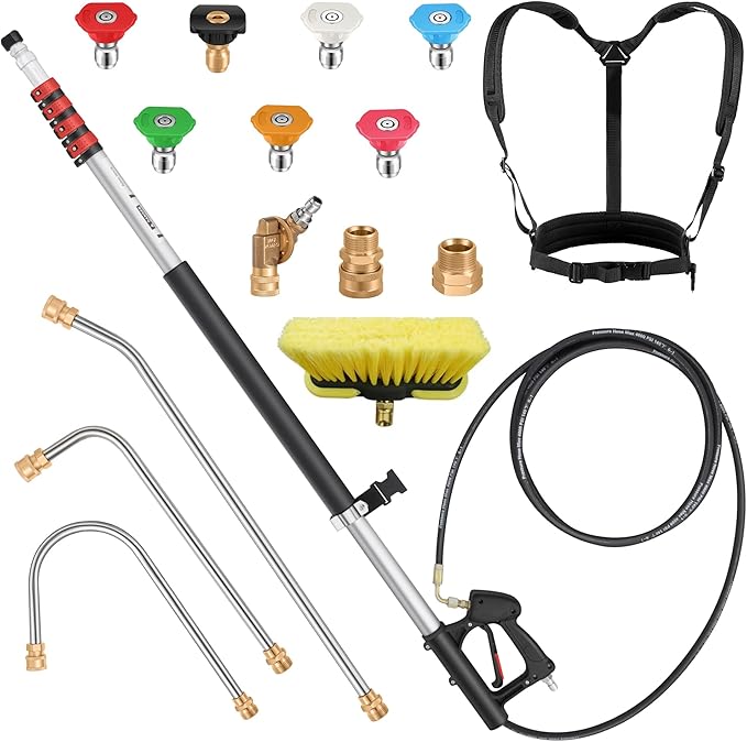 24 FT Telescoping Pressure Washer Wand - Gutter Cleaner Attachment with Power Washer Extension Wands, 7 Spray Nozzle Tips, 3 Hose Adapters