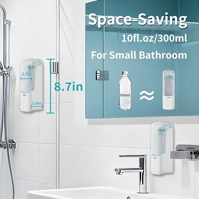 Wall-Mounted Shampoo Conditioner Dispenser, 300ml No Drill Refillable Shower Soap Dispenser, Waterproof Leak-Proof Wall Soap Holder, Modern Toiletries Organizer for Bathroom, Kitchen, Hotel, White
