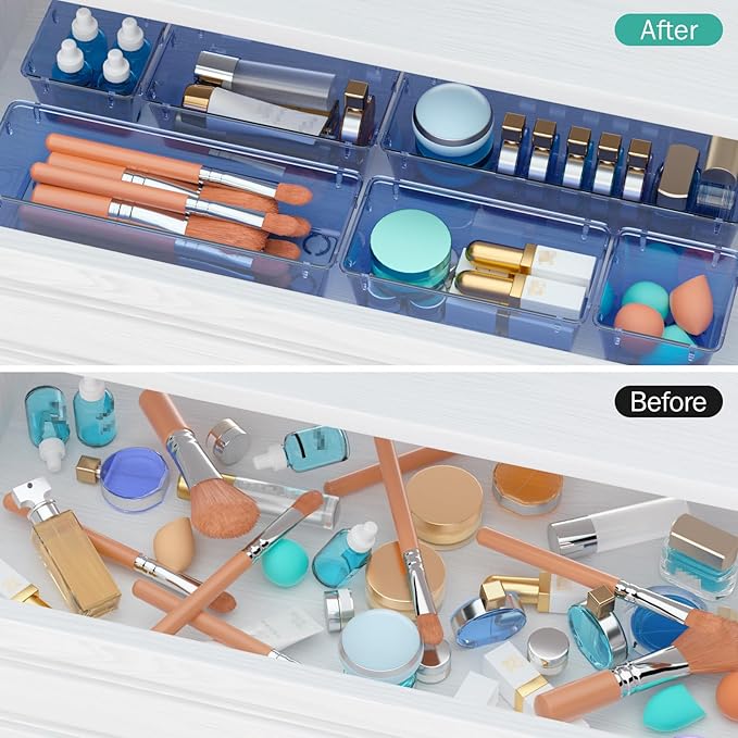 WOWBOX 9 Pack Clear Drawer Organizer Set, Acrylic Drawer Storage Trays, Storage Bins for Makeup, Cosmetics, Jewelries, Utensils, Gadgets, Office, Dark Blue