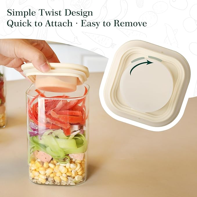 LIBWYS Glass Salad Jars with Lids Meal Prep, 39oz Larger Square Containers for Home Storage & Lunch, Built-In Leakproof Compartments