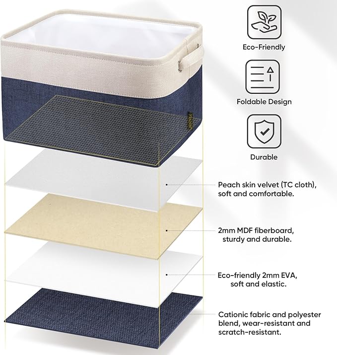 4 Pack Fabric Closet Storage Bins for Shelves, Navy Blue, 15"x11"x9.5"