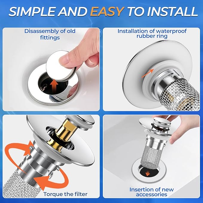 Sink Stopper Hair Catcher, Pop-up Sink Drain Strainer with Removable Stainless Steel Strainer Basket Hair Catcher