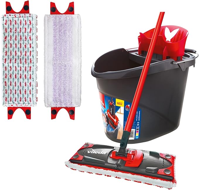 Vileda Ultramax Floor Mop Complete Set, Sensitive Cover Including 2 Replacement Covers and Bucket with Power Press, Mop with Handle, for Sensitive Floors, Handle Length 75-130 cm, Eco Packaging
