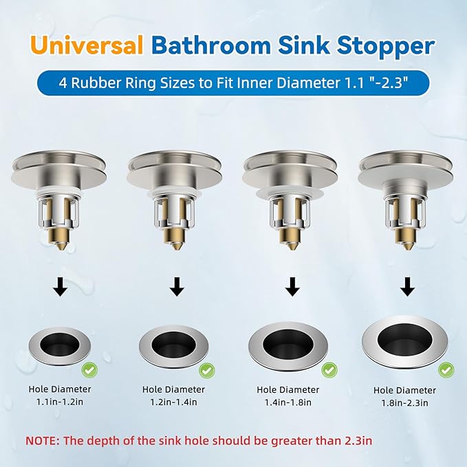 iFealClear 2 Pack Universal Bathroom Sink Stopper, Pop Up Sink Drain Strainer with Hair Catcher Basket, Fit 1.1"-2.36" US Basin, Wash Basin Drain Plug
