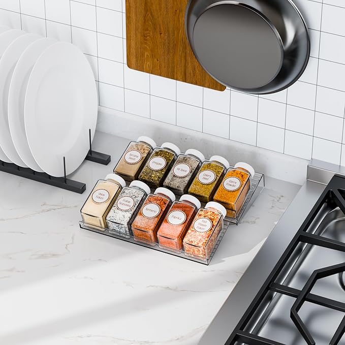 Yieach 4 Pack Adjustable Narrow In Drawer Spice Organizer - Expandable From 9'' to 17.7'' - Acrylic Drawer Seasoning Organizer,Clear Spice Drawer Insert Tray for Drawers Condiment,Jar Organization