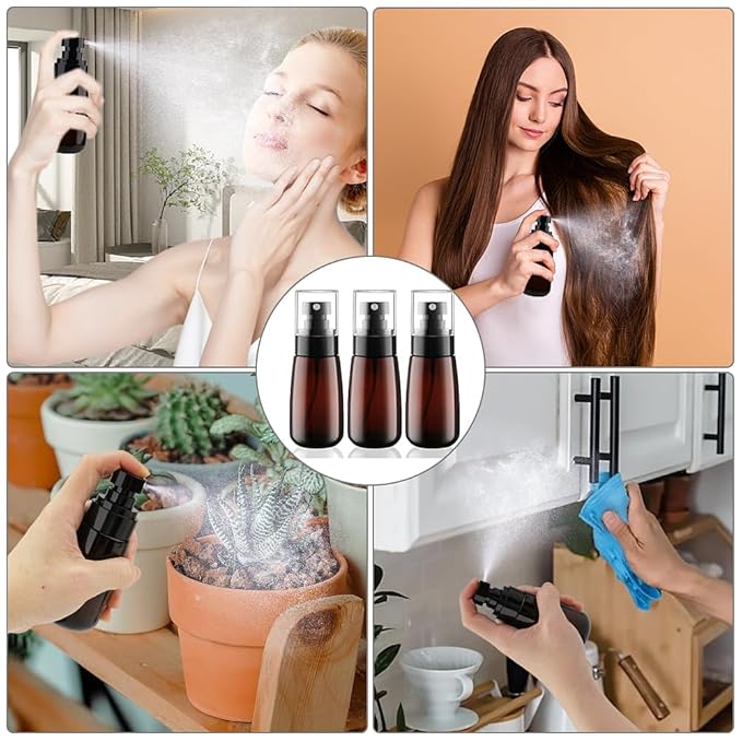 Cosywell Travel Spray Bottle 2oz 60ml 3 Pack TSA Approved Leak Proof Fine Mist Spray Bottles Empty Plastic Refillable Spray Bottle for Perfume Essential Oils Toners Rose Water Cosmetics（3Brown）