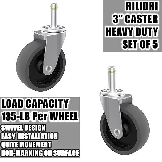 RILIDRI Replcament Casters for Brute Trash Bin Dolly Set of 5, 3-Inch Trash Can Dolly Replacement Wheels - 375LBs per Set