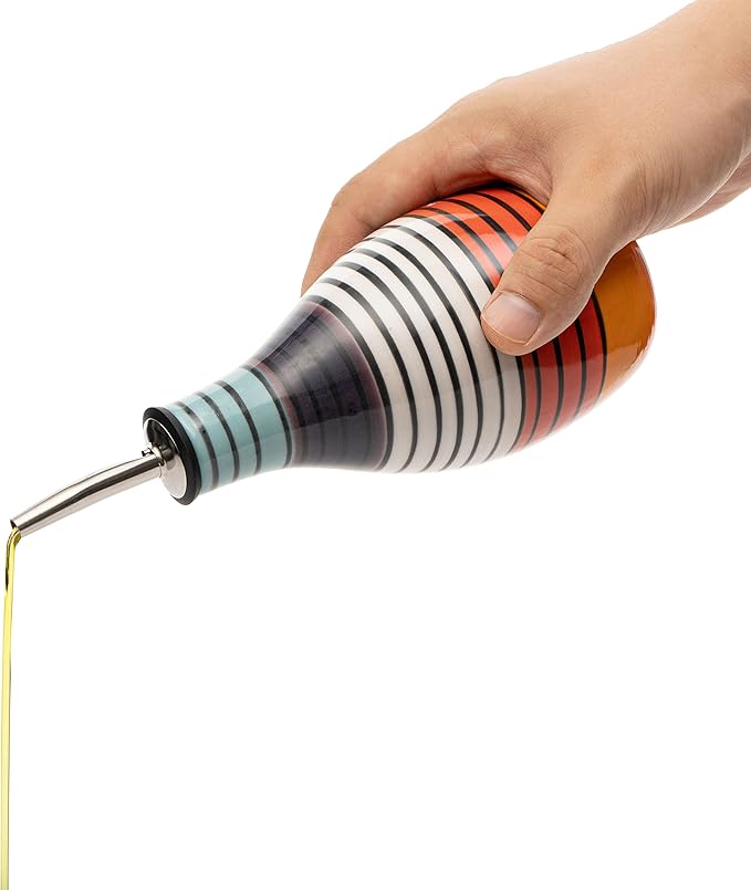 Ceramic Olive Oil Container, 400ml Capacity, Vinegar Dispenser With Pourer & Stopper, Stylish Kitchen Carafe Striped Design, 6" Height, 3" Width, Practical Seasoning Bottle, Elegant Tabletop Accessory
