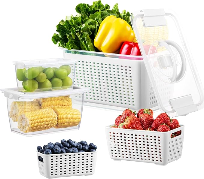 LUXEAR Produce containers for fridge,3 Set Fruit Containers with Removable Colander, BPA-Free Produce Saver Containers with Lids Dishwasher&Microwave Safe Keep Fruits, Vegetables, Berry, Fresh Longer