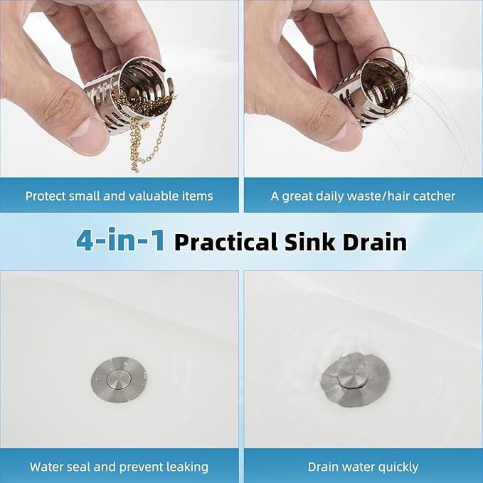 Upgraded Bathroom Sink Drain Strainer Hair Catcher 2PCS Universal 3 in 1 Pop-up Sink Stopper, Fit for 1.1''~2.36'' Basin Hole