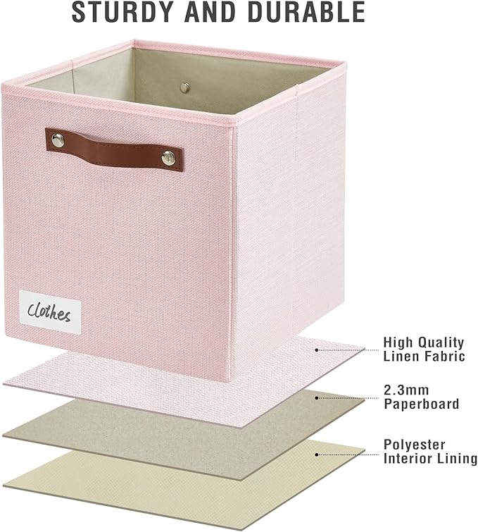 Bagnizer Collapsible Fabric Storage Cube Bins with 2 Reinforced PU Handles, Foldable Storage Organizer Baskets for Closet, Shelves, Living Room | 11"x11"x11", 4 Pack, Full Pink