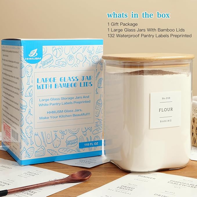 Large glass flour and sugar containers with 132 Kitchen Pantry Labels - 110 oz Glass Food Storage Containers with Airtight Lids