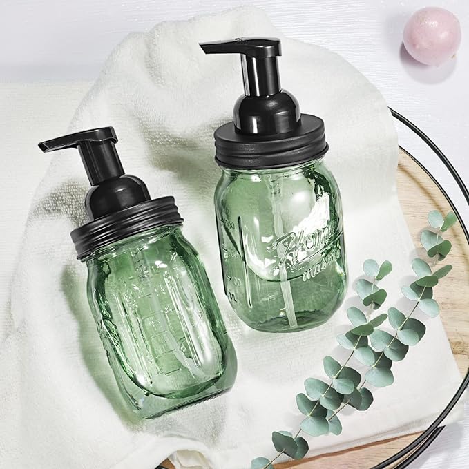 SheeChung 16Oz Mason Jar Foaming Soap Dispenser, Stainless Steel Lid, BPA Free Pump, Green Glass Foam Hand Soap Dispenser, Refillable Liquid Foam Dispenser Bottle for Bathroom Kitchen, Dish Soap-Black