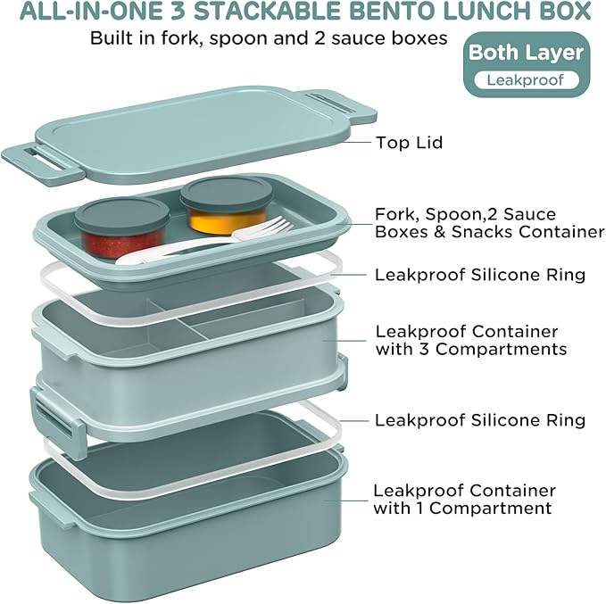 DaCool Lunch Box Adults Bento Box 74 OZ All-in-One Stackable Lunch Box Containers for Adult Large Bento Box with Fork Spoon Sauce Boxes