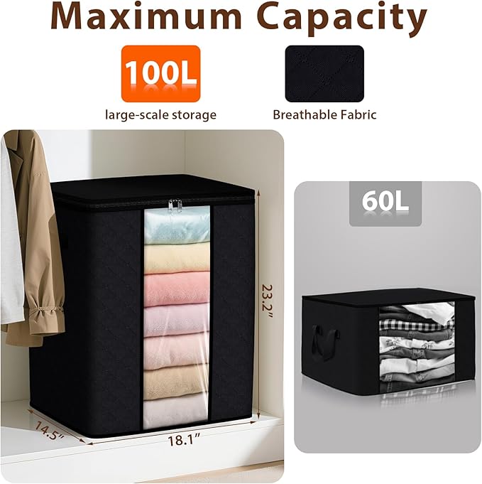 8 Pack 100L Clothes Storage, Foldable Thick Fabric Blanket Storage Bags, Black