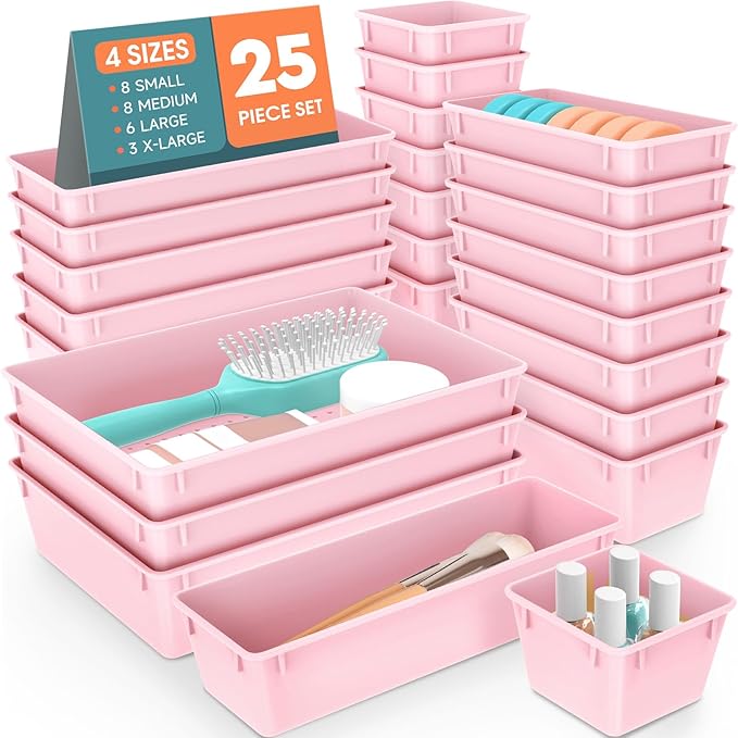 WOWBOX 25 PCS Plastic Drawer Organizer Set, 4 Sizes Desk Drawer Divider Organizers and Storage Bins for Makeup, Jewelry, Gadgets for Kitchen, Bedroom