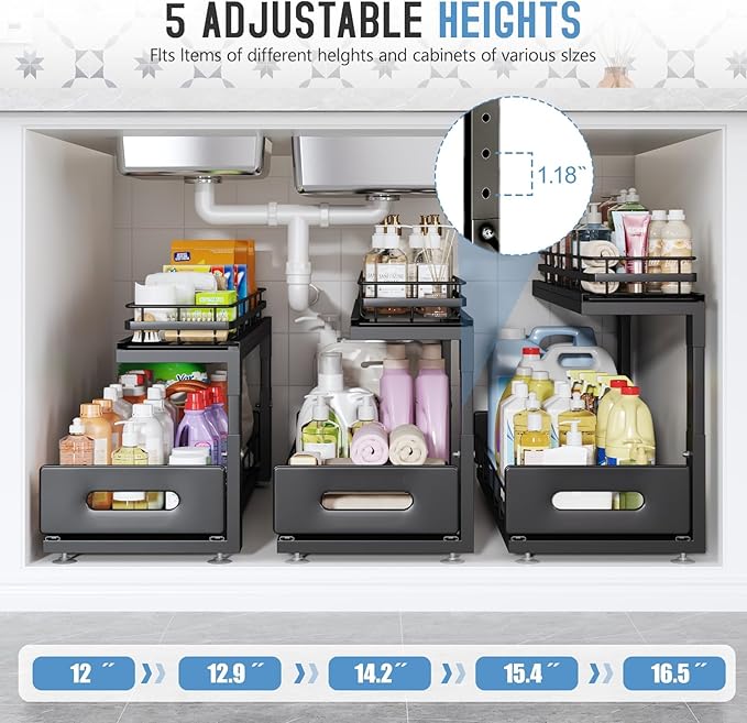 Under Sink Organizer Upgrade To Professional Rails,2-Tier Dual Pull Out Cabinet Storage,Height Adjustable Slide Out Drawers For Bathroom Kitchen