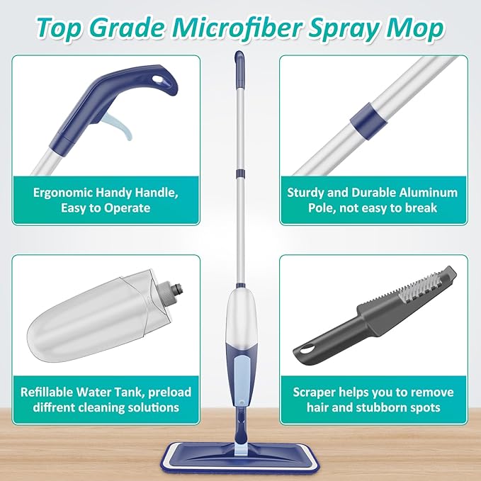 Spray Mops for Floor Cleaning, TRAV-ROUND Microfiber Wood Floor Mop with 3 Reusable Washable Pads Fit for Swiffer Powermop for Dry Dust Wet Cleaning on Hardwood Laminate Wood Ceramic Vinyl Tile