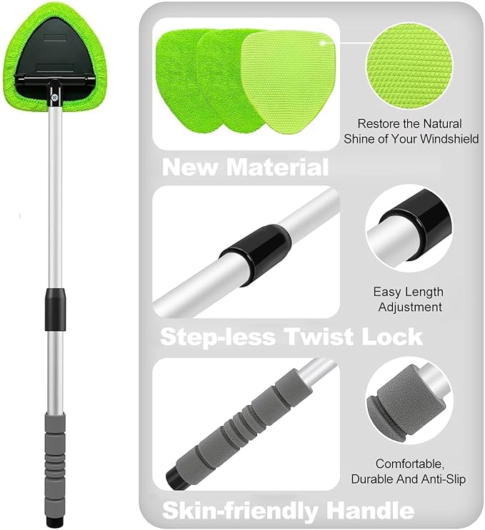 XINDELL 29-inch Windshield Cleaner Tool – Car Interior Window Cleaning Kit with Extended Long Handle & 4 Microfiber Pads