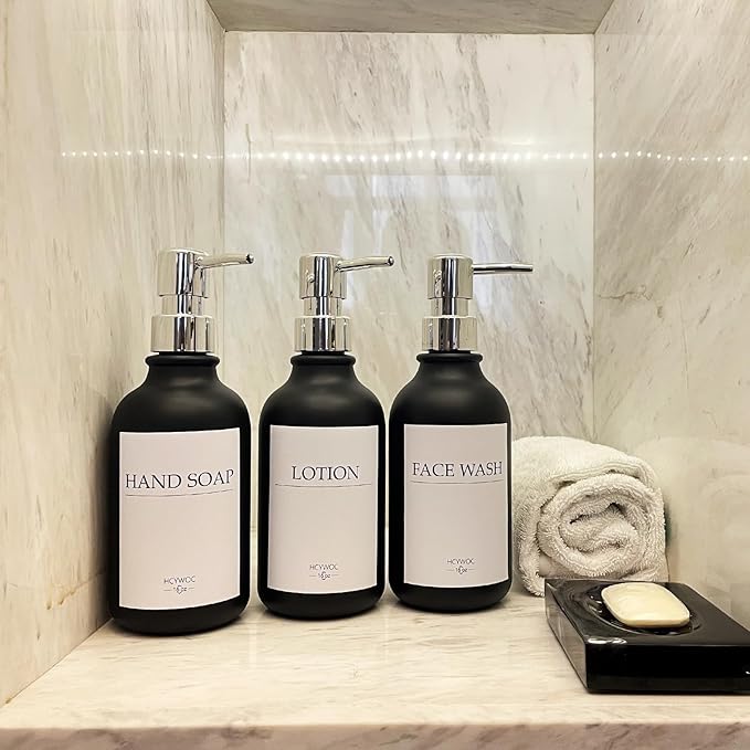 Shampoo Dispenser for Shower Wall, Shampoo and Conditioner Dispenser with 16 Waterproof Labels, No Drill Shower Soap Dispenser Bathroom, Shower Soap Dispenser Wall Mounted,17oz, 3 Pack, Silver Black