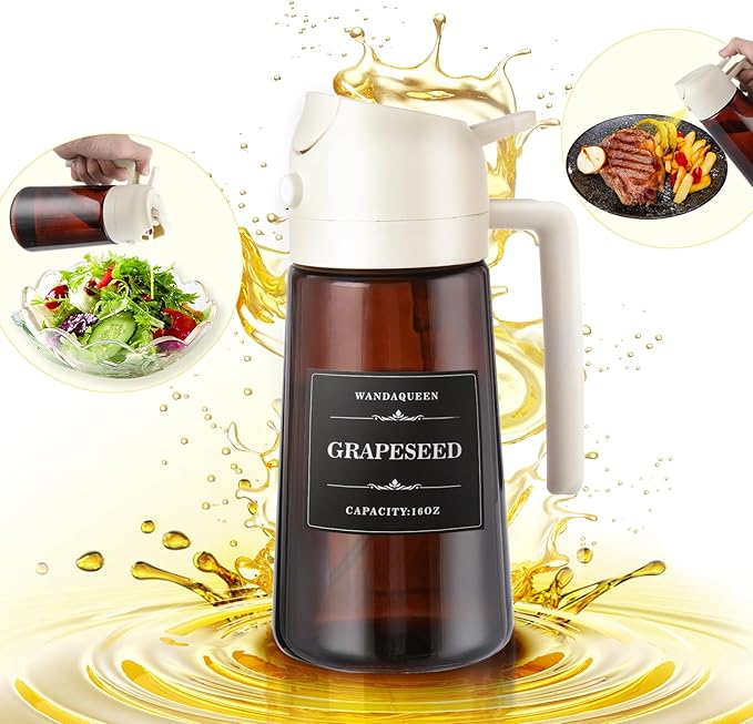 2 in 1 Olive Oil Sprayer for Cooking and Oil Dispenser for Kitchen, 16oz Olive Oil Dispenser Bottle with Stickers, Upgraded Brown white