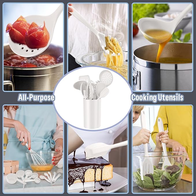 Silicone Kitchen Utensils Set, E-far 23 Pcs White Cooking Utensils Tools with Holder for Nonstick Cookware, Include Spatula/Spoon/Ladle/Tongs/Turner, Heat Resistant & Nontoxic, Dishwasher Safe