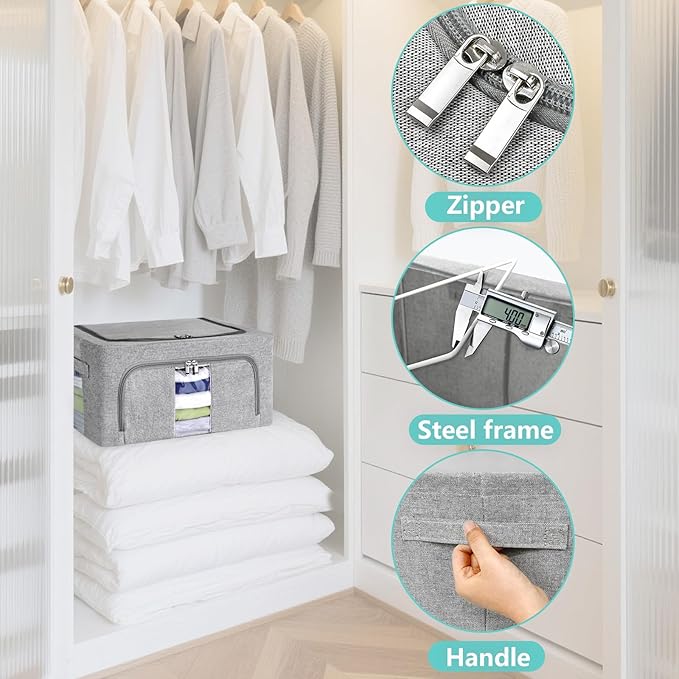 3 Pack Clothes Storage Bins, Foldable Metal Frame Storage Box with Lids,Stackable Linen Fabric Organizer Set with Carrying Handles,Zippers,and Clear Window (Grey, 24L)