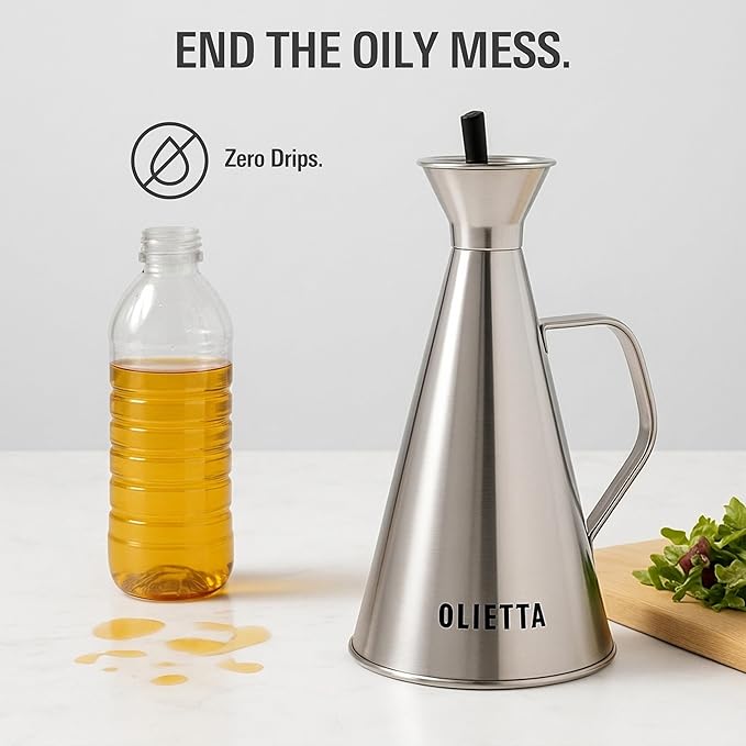 Olietta Olive Oil Dispenser Bottle Stainless Steel Non Drip Leak Proof No Mess Vinegar Pourer & Kitchen Drizzler 17 oz 500ML 0.5 Litre Great for Pouring & Drizzling Easy to Clean & Leakproof