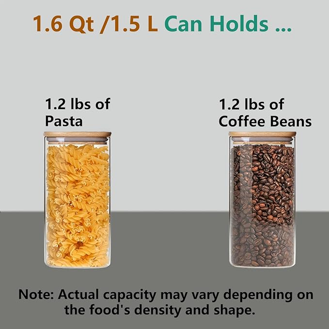 VIEWELLD 1.6 Qt Glass Storage Containers (Set of 3) - Noodles, Flour, Coffee Beans