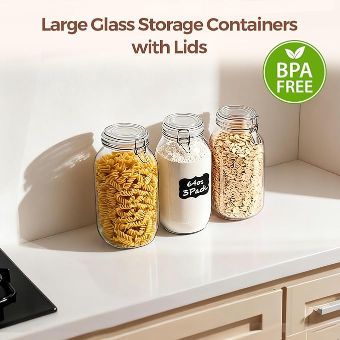 ComSaf 71oz Glass Canisters with Airtight Clamp Lids (Set of 3), 2.1L Large Fermentation & Pantry Jars for Bulk Food Storage, Ideal for Flour, Sugar