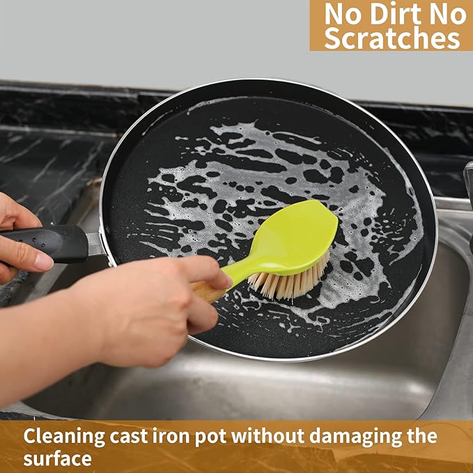 2 Pack Kitchen Dish Brush Bamboo Handle Dish Scrubber Built-in Scraper, Scrub Brush for Pans, Pots, Kitchen Sink Cleaning, Dishwashing and Cleaning Brushes are Perfect Cleaning Tools, Color-Green