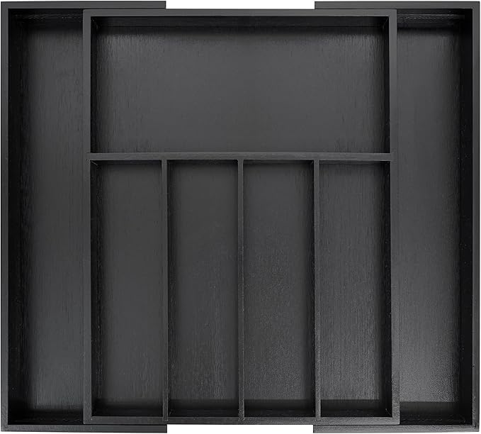 VaeFae Premium Bamboo Drawer Organizer, Expandable Silverware Drawer Organizer, Cutlery Tray with Dividers for Kitchen Utensils (Black, Large)