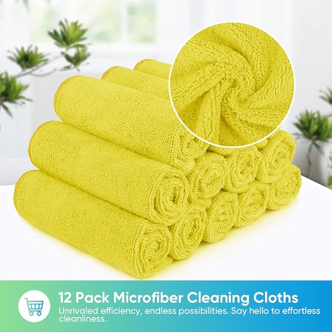HOMEXCEL Yellow Microfiber Cleaning Cloth, 12 Pack Premium Microfiber Towels for Cars, Lint Free, Highly Absorbent, Reusable Cleaning Rags for Car, Household, Kitchen, Window, 11.5"X11.5"